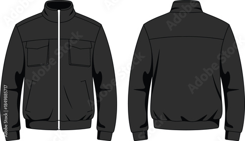 Black zip-up jacket technical flat sketch, front and back views, chest flap pockets, high collar, vector, isolated
