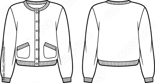 Cardigan sweater technical flat sketch, front and back views, button-down, ribbed trim, black and white vector, isolated
