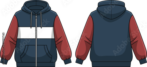 Color-block hooded jacket fashion illustration, dark blue, maroon sleeves, white chest stripe, zip-up, front and back views, vector