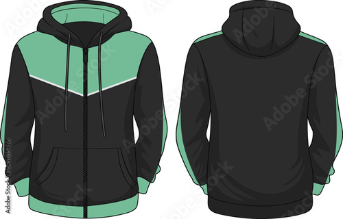 Color-block hooded jacket fashion illustration, mint green and black, zip-up, front and back views, vector, isolated