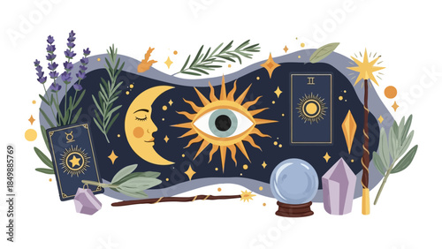 Magical Esoteric Arrangement with Sun, Moon, All-Seeing Eye, Tarot Cards, Crystal Ball, and Herbs on Dark Cosmic Background