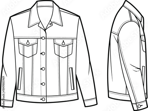 Denim jacket technical flat sketch, button-down, chest flap pockets, pointed collar, front and side views, vector, isolated