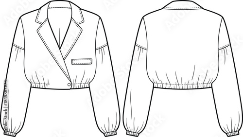 Cropped jacket technical flat sketch, notched lapel, gathered hem and cuffs, front and back views, black and white vector
