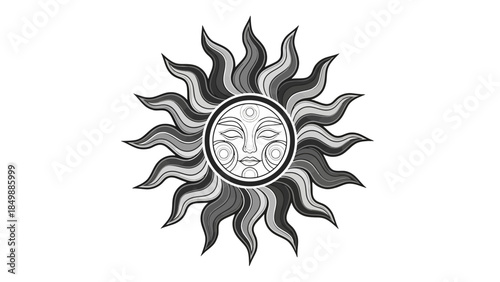 Mystical Stylized Sun Face Symbol Illustration with Ancient Art Expression on Isolated White Background