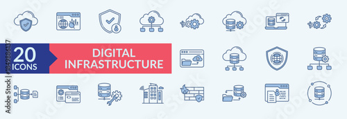 Digital infrastructure icon set vector concept illustration. Containing icon of data synchronization, integration, cloud storage, database icons. Outline blue icon symbol collection. 