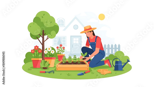 Flat illustration of gardening as a relaxing and eco-friendly hobby.