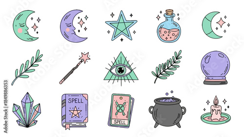 Set of colorful magic and witchcraft elements in doodle style, mystical and alchemical objects on isolated white background.