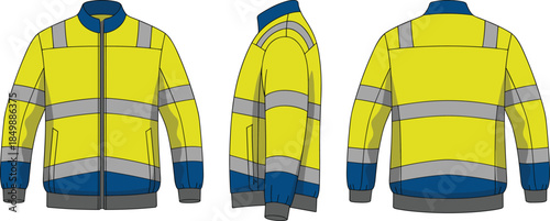 High-visibility safety jacket fashion illustration, yellow and navy, reflective stripes, front, side, back views, vector, isolated