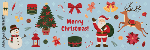 Set of Christmas illustration with snowman, candy, lantern, candles, poinsettia, gingerbread cookies, Christmas tree, Santa Claus, gifts, bells,  reindeer and holiday decor elements for design.