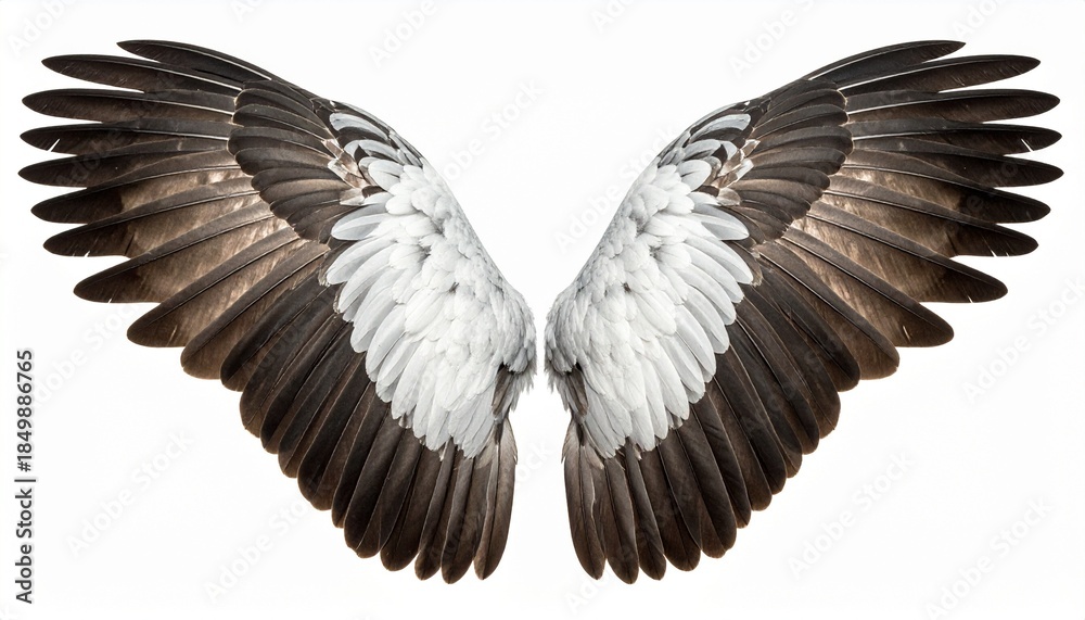 Fototapeta premium Symmetrical bird wings spread against white background, gradient feathers from dark brown to white.