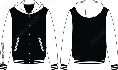 Hooded varsity jacket fashion illustration, two-tone design, striped cuffs, button-up, front and back views, vector, isolated