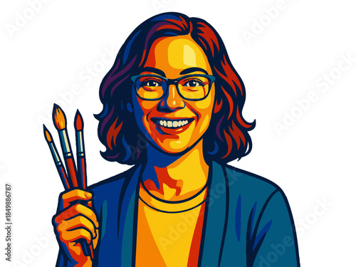 cheerful woman artist wearing glasses and holding paintbrushes, ready to create art with passion. Generative ai vector colorful pop art illustration.