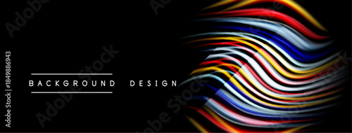 Abstract flowing lines create vibrant wave pattern. Dark background emphasizes colorful design elements. Modern aesthetic.