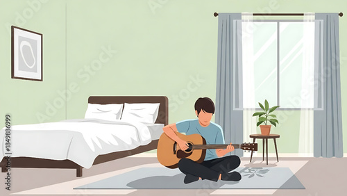 Flat illustration of a person enjoying music by playing guitar at home.