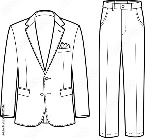 Men’s formal outfit illustration, blazer and trousers, tailoring sketch, black and white vector, isolated, stock fashion design