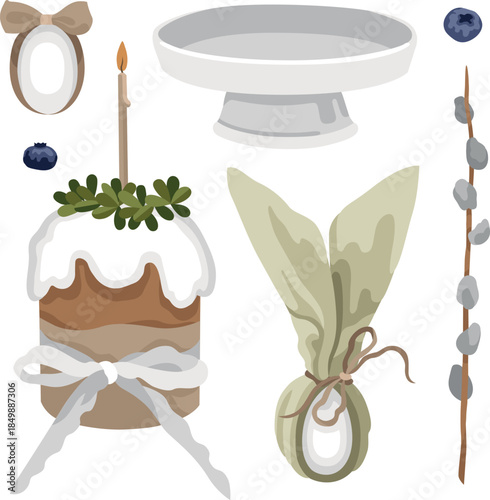 Hand-drawn Easter cake with a candle and bow, pussy willow branch and dyed egg and cake stand