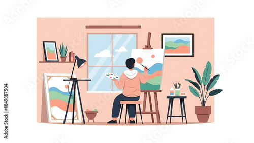 Flat illustration of a person enjoying painting as a creative hobby in a cozy art studio environment.