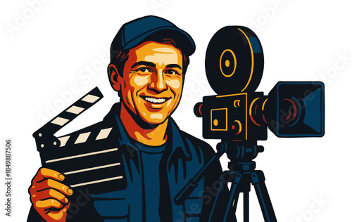 happy male movie director holding a clapperboard next to a vintage film camera on set. Generative ai vector colorful pop art illustration.