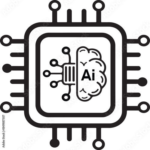 Artificial intelligence brain symbol on computer chip processor icon vector illustration Microchip technology icon super computer processor electronic hardware AI tech design 