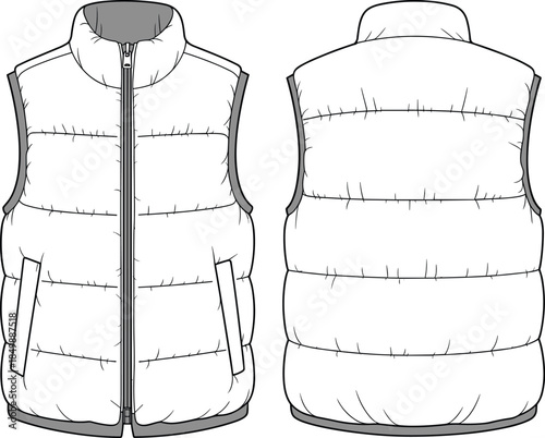 Padded vest technical flat sketch, front and back views, quilted design, zipper, high collar, black and white vector