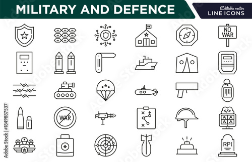 Military and Defence Line Icon Set. Army, navy, air force, weapons, tanks, fighter jets, radar, strategy, defense, security, military base, shield icons vector illustration