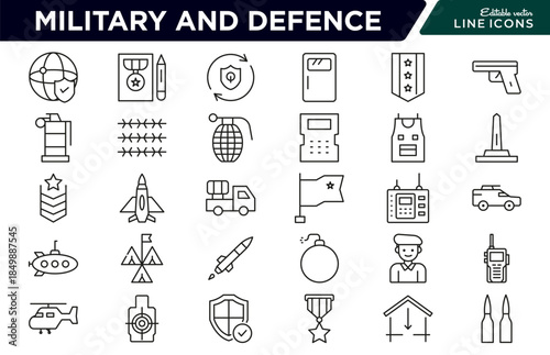 Military and Defence Line Icon Set. Army, navy, air force, weapons, tanks, fighter jets, radar, strategy, defense, security, military base, shield icons vector illustration. Pixel-perfect stroke