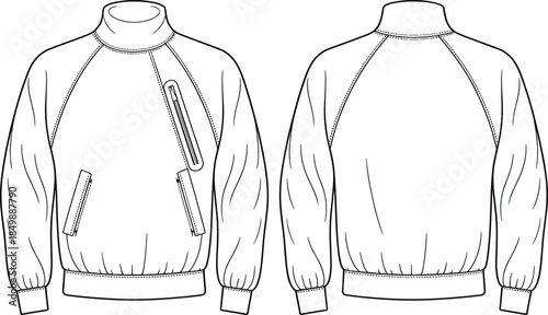 Raglan sleeve zip-up jacket technical sketch, high collar, ribbed hem and cuffs, front and back views, vector, isolated