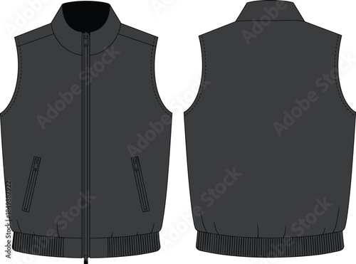 Sleeveless vest technical flat sketch, high collar, zip pockets, ribbed hem, front and back views, vector, isolated