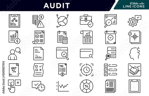 Audit Line Icon Set. Financial review, accounting, compliance, report, checklist, risk assessment, verification, analysis, investigation, business icons vector illustration. Pixel-perfect stroke