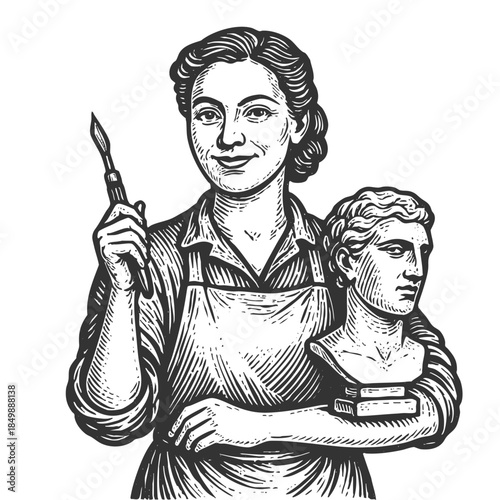 woman sculptor holding a chisel and a classical bust, wearing an apron and confident expression sketch engraving generative ai fictional character vector illustration. Scratch board. Black and white.