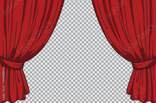 Open Red Theater Curtains Illustration on Transparent Background for Stage Events Presentations and Dramatic Backdrops