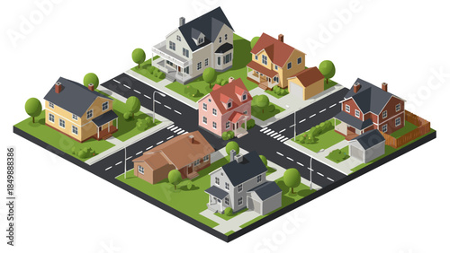 Isometric view of a charming residential neighborhood with various houses, streets, and green lawns.