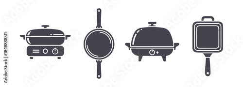 Easy electric skillet with 4 unique designs. Kitchen icon. Vector illustration
