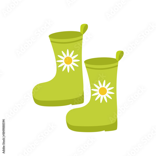 Cute kids rubber boots vector illustration with daisy flower print. Flat waterproof rain footwear for children in green color, cheerful gumboots isolated on white background.