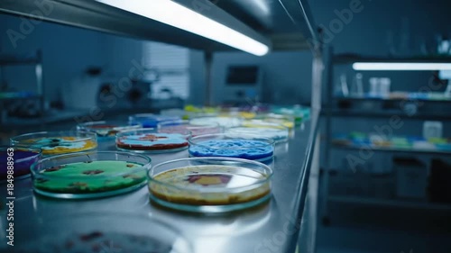 Shelves of petri dishes with colorful samples in laboratory setting.