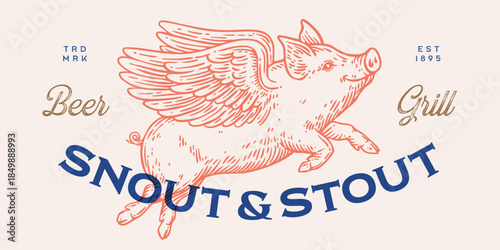 Fly piggly, pig, piglet with wings. Vintage retro pig print, black white fly piggly drawing, piglet with wings, grunge pig old school style. Silhouette angel pig, piglet, piggly. Vector Illustration