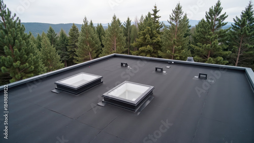 Modern flat roof with skylights surrounded by pine trees, showcasing serene natural landscape
