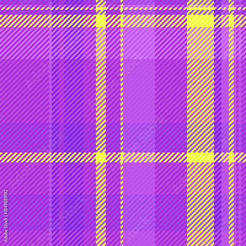 1960s background vector plaid, duvet check textile fabric. Geometrical texture seamless pattern tartan in purple and violet colors.