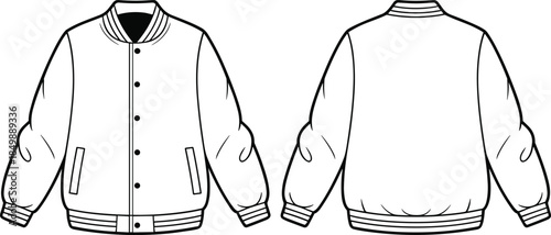Varsity jacket technical flat sketch, front and back views, button-up, striped rib trim, black and white vector, isolated