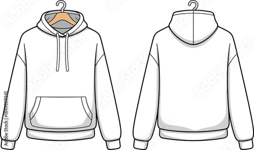 White hoodie fashion illustration on hanger, kangaroo pocket, drawstring hood, front and back views, vector, isolated, casualwear