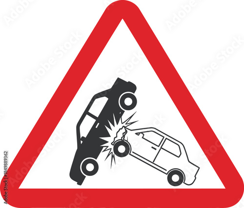 Road sign warning of potential car collision ahead