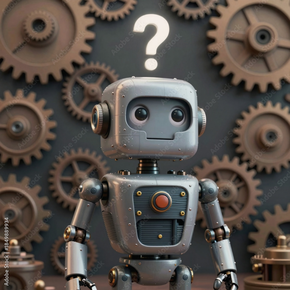 Fototapeta premium A cartoon robot ponders a question with curious expression amidst gears and cogs