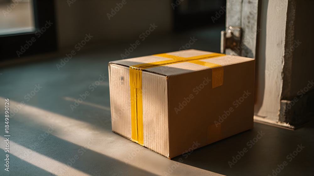 Fototapeta premium Cardboard package box delivered on a doorstep