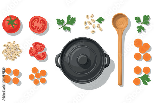 Cooking ingredients: tomatoes, herbs, grains, carrots, and pot with wooden spoon