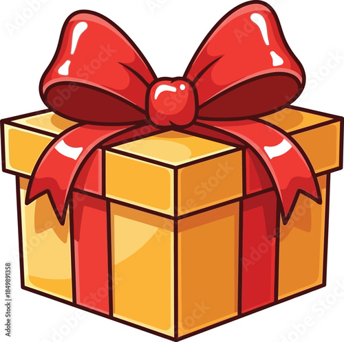 A brightly wrapped gift box with a red ribbon