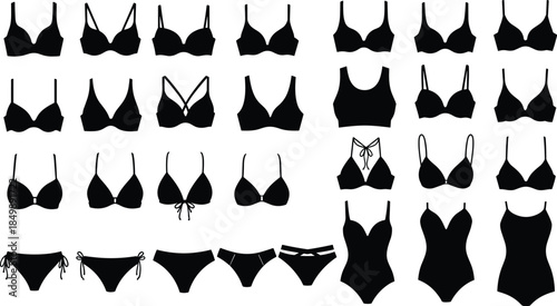 Women's Swimsuit, Bikini, and Lingerie Silhouette Vector Set, Beachwear and Underwear Apparel Collection, Summer Fashion, Bra, Panties, and Swimwear Designs.