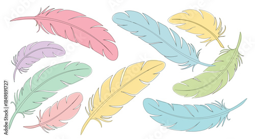Pastel dreams: a delicate arrangement of stylized feathers in serene shades of the rainbow