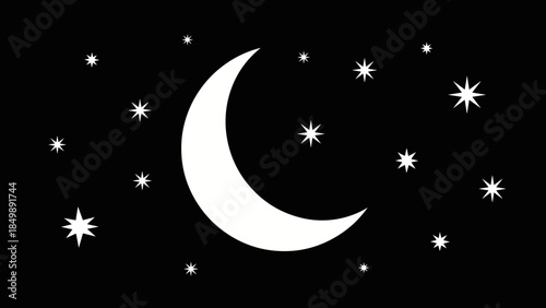 Crescent Moon and Stars Night Sky.