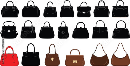 Women's Fashion Handbag and Purse Silhouette Vector Set, Luxury Accessories Collection, Stylish Female Clutch, Tote, Satchel, and Shoulder Bag Design.