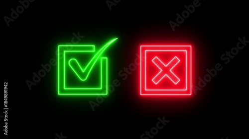 Tick or check mark signs neon icon animation. right and wrong animated neon icons, False and true. Correct and incorrect, accept and reject.